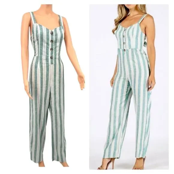 Womens Linen Blend Jumpsuit M Kelly Green Striped Wide Leg Sleeveless Tie Back - Picture 11 of 11